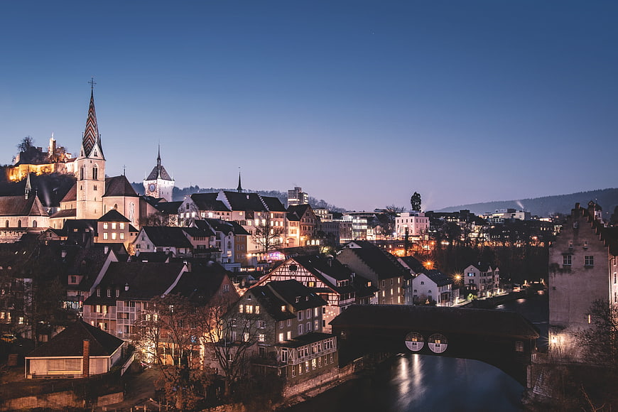 Baden Switzerland historic town blue hour river bridge