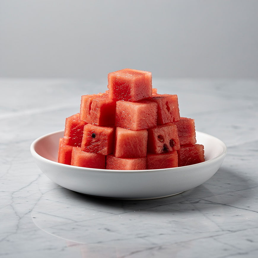 Stacked Fresh Watermelon Cubes in White Bowl