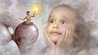 Dreamy fantasy portrait of a child watching a fairy
