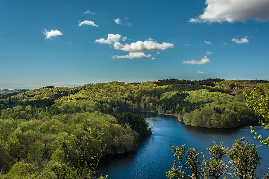 Scenic View of Blue River Winding Through Green Forest Hills