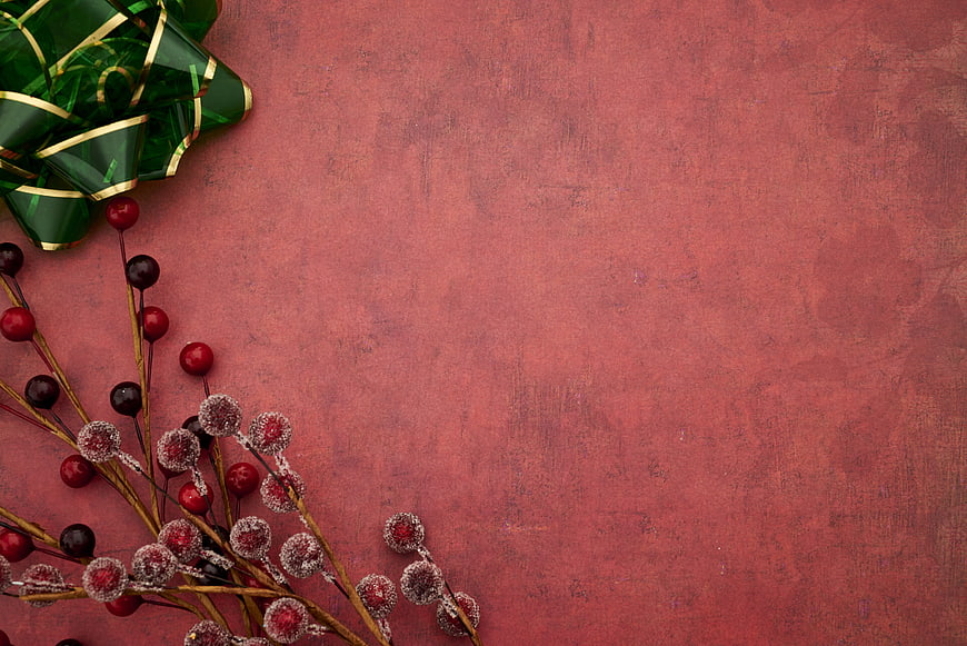 Christmas Gift Bow and Frosted Berries on Red Background