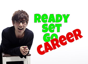 Young man smiling with ready set go career text
