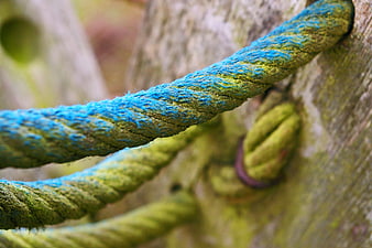 Close-up of weathered blue and green rope tied to wooden post