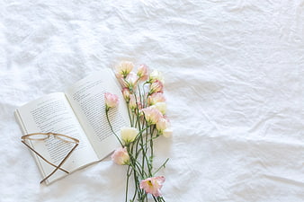 Pink and White Flowers with Open Book and Glasses on White Bed