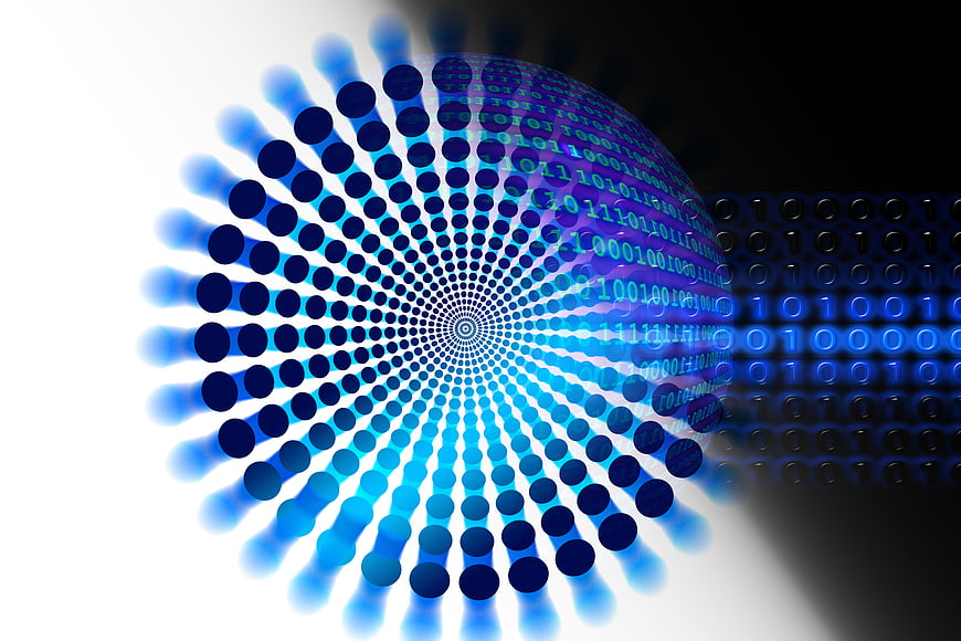 Abstract blue digital data sphere with binary code background