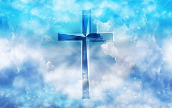 Blue Glass Christian Cross Against Cloudy Sky Background