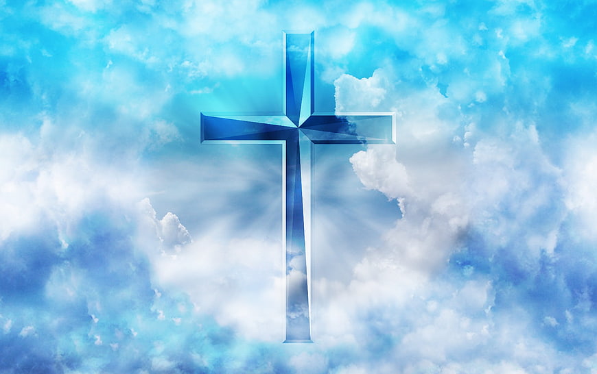 Blue Glass Christian Cross Against Cloudy Sky Background