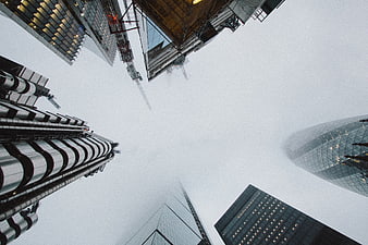Worm's eye view of skyscrapers in foggy city