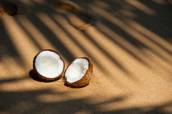 Split Coconut on Sand with Palm Shadows