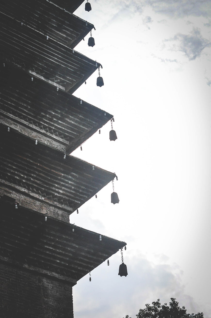 Low angle view of ancient pagoda eaves with hanging bells