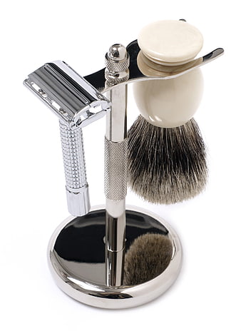 Chrome Shaving Set With Razor, Brush, And Soap On Stand