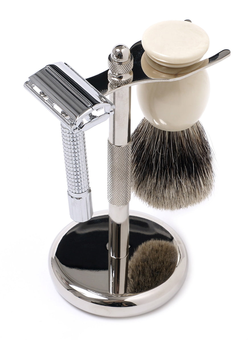 Chrome Shaving Set With Razor, Brush, And Soap On Stand