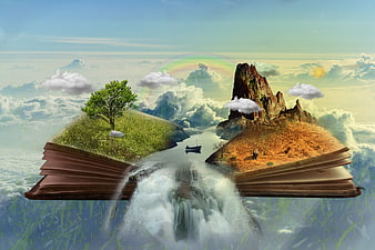 Surreal digital art of open book with waterfall and landscapes