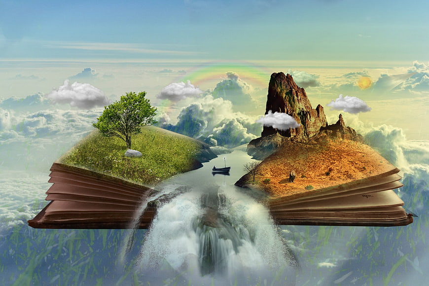 Surreal digital art of open book with waterfall and landscapes