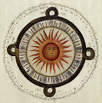 Historical Aztec Sun Stone Illustration with Zodiac Ring and Manuscript Text