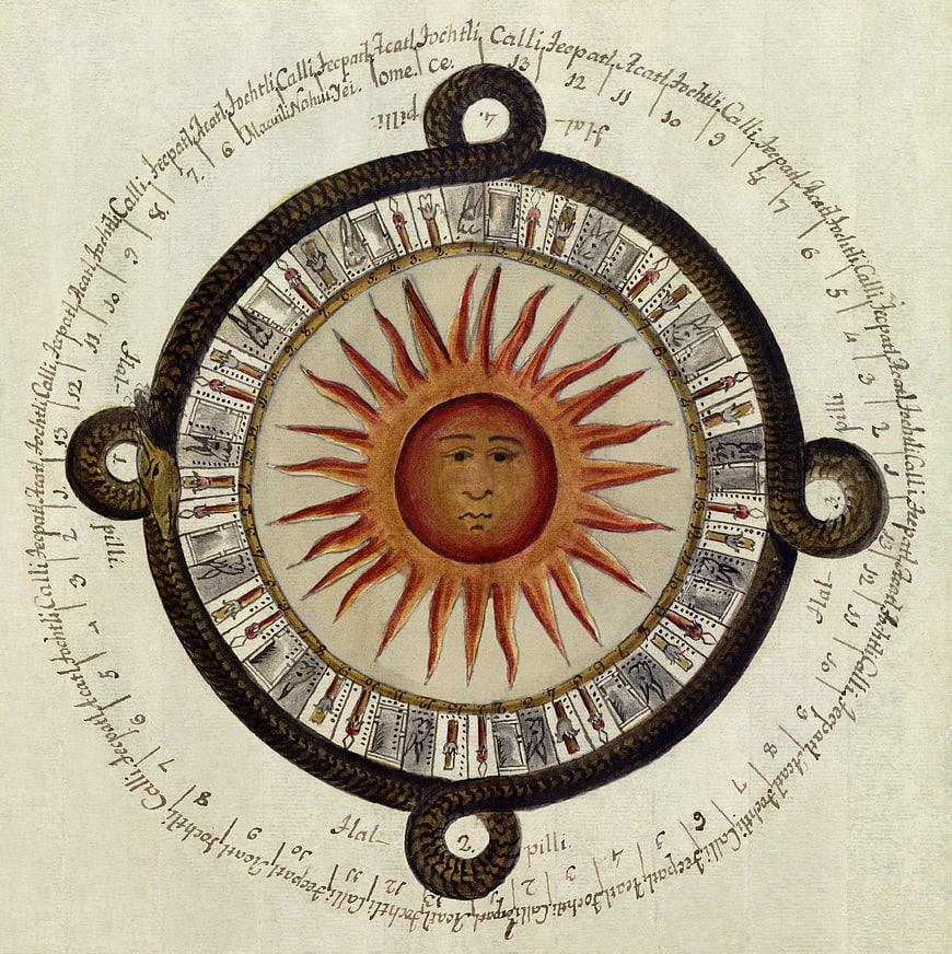 Historical Aztec Sun Stone Illustration with Zodiac Ring and Manuscript Text