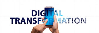 Hands holding smartphone with digital transformation text on white background