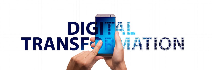 Hands holding smartphone with digital transformation text on white background