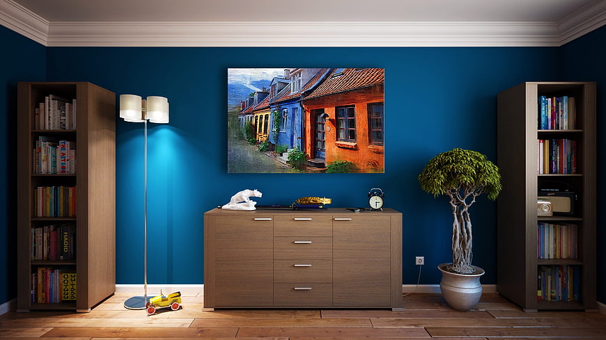 Modern Interior with Blue Walls, Wooden Furniture, and Art