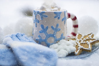 Winter Hot Chocolate with Marshmallows and Gingerbread Star in Snow