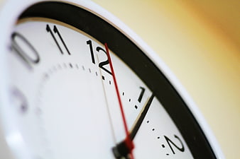 Close-up of analog clock face showing time near twelve o'clock