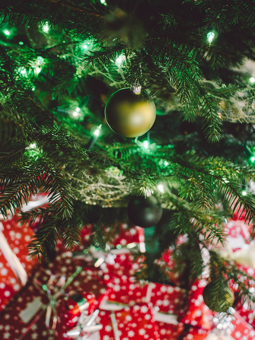 Close-up of Christmas tree with gold ornament and red gifts