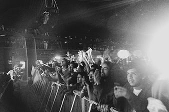 Black and white concert crowd cheering at live music event