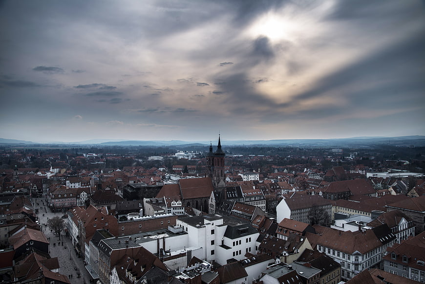 Aerial View of Göttingen Cityscape with Dramatic Clouds