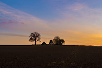 Silhouette of Farmhouse and Trees on Hill at Sunset
