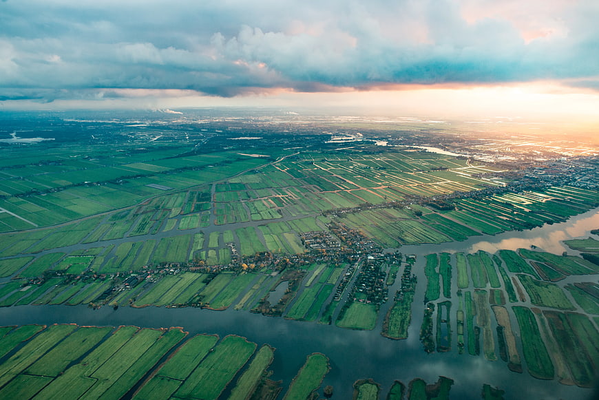 Aerial View of Dutch Polder Landscape at Sunset