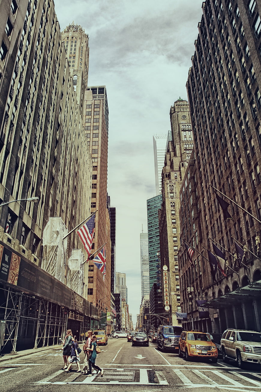 New York City Street View with Pedestrians and Skyscrapers