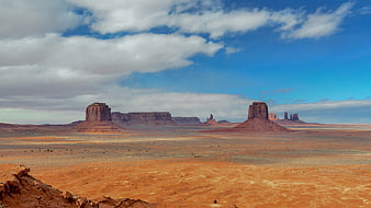 Wide Landscape of Monument Valley Red Rock Buttes Under Blue Sky