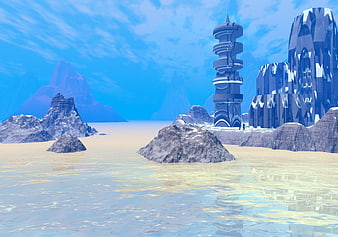 Futuristic sci-fi city on alien planet with blue sky