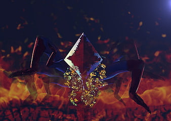 Surreal digital art of a geometric figure amidst fire and flowers