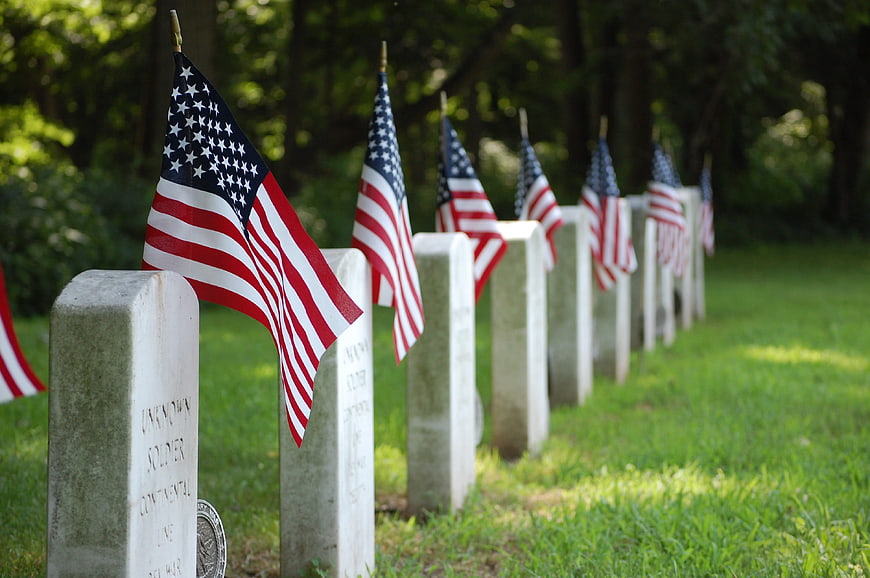 American Flags on Military Gravestones in a Cemetery