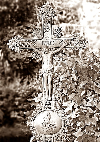 Sepia Toned Ornate Iron Crucifix in Cemetery
