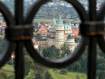 Bojnice Castle View Through Iron Window Grille in Slovakia