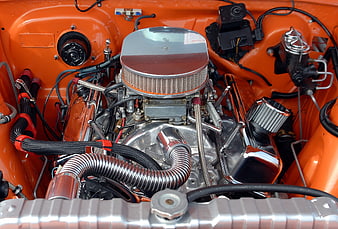 Chrome V8 Engine Bay In Orange Classic Car