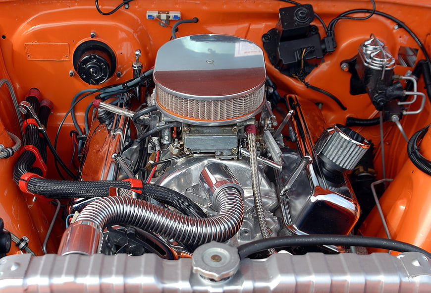 Chrome V8 Engine Bay In Orange Classic Car