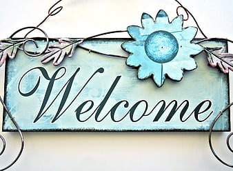 Vintage Turquoise Metal Welcome Sign With Decorative Flower