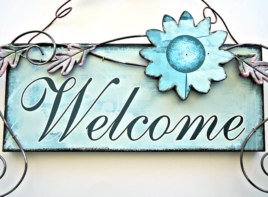 Vintage Turquoise Metal Welcome Sign With Decorative Flower
