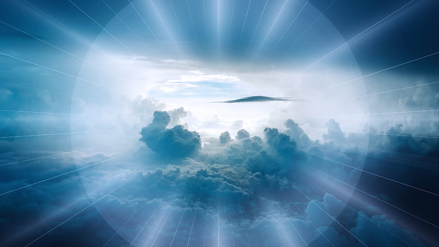 Majestic clouds with divine light rays and mysterious horizon