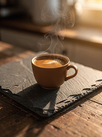 Steaming Cup of Coffee on Rustic Slate Surface