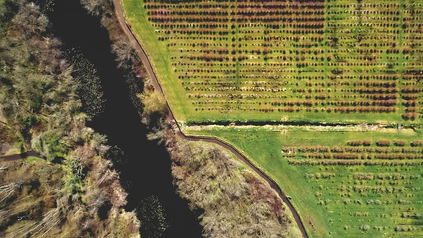 Aerial View of River and Agricultural Fields