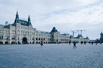 Wide angle view of Red Square Moscow with GUM department store