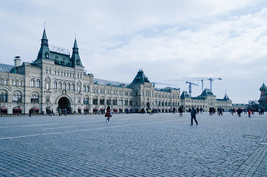 Wide angle view of Red Square Moscow with GUM department store