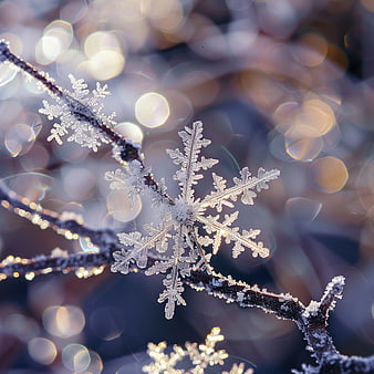 Macro Close-Up of Intricate Snowflake on Frosted Branch