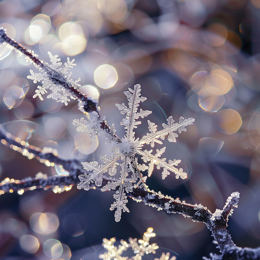 Macro Close-Up of Intricate Snowflake on Frosted Branch