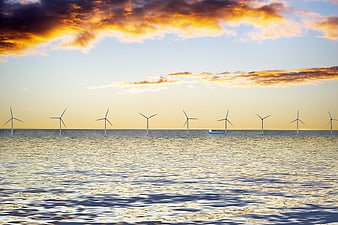 Offshore Wind Turbines In Sea At Golden Hour