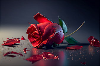 Dramatic Red Rose with Scattered Petals on Dark Background
